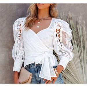 A.PEACH Womens White Long Sleeve Ulli Cotton Eyelet Wrap Crop Top XS